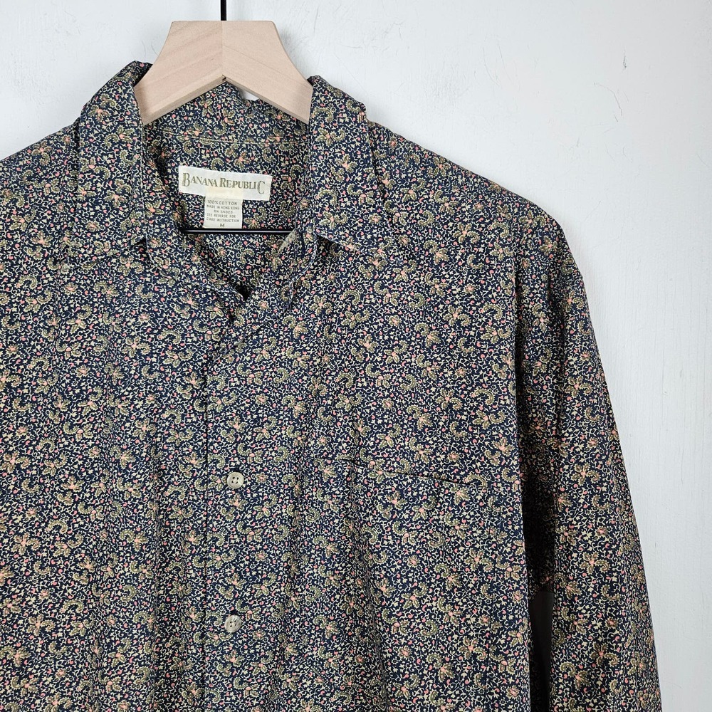 Vintage 80s Banana Republic Paisley Button Down Men's M‎ Navy Long Sleeve Shirt
